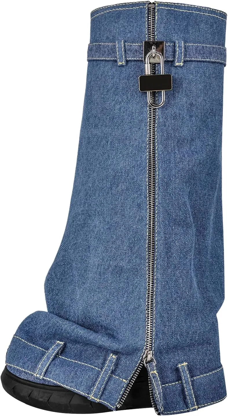 LISHAN Women's Platform 3.5in Heel Knee High Shark Boots with Padlock