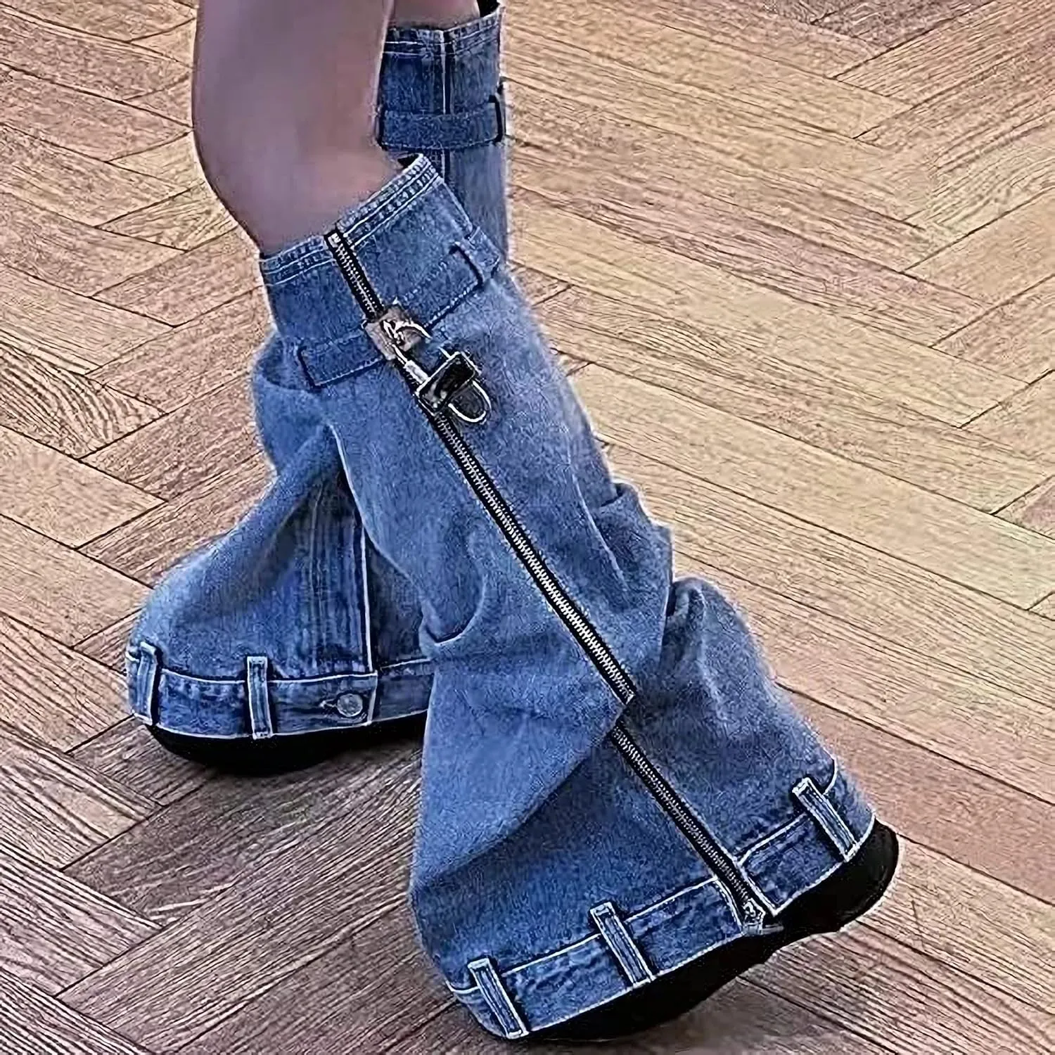 LISHAN Women's Platform 3.5in Heel Knee High Shark Boots with Padlock