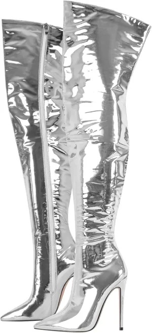 LISHAN Women's Pointed Toe Silver Over Knee Thigh High Boots Slim High Heels Stilettos Long Boots