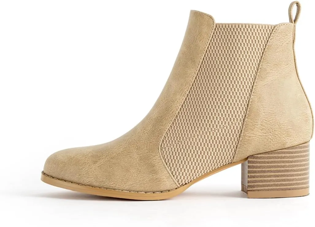 Low Heel Ankle Boots for Women Chunky Block Heel Elastic Gore Chelsea Boots Slip On Comfortable Short Boots Round Toe Black Brown Heeled Booties for Fall Winter