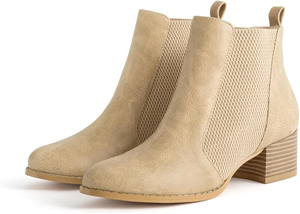 Low Heel Ankle Boots for Women Chunky Block Heel Elastic Gore Chelsea Boots Slip On Comfortable Short Boots Round Toe Black Brown Heeled Booties for Fall Winter