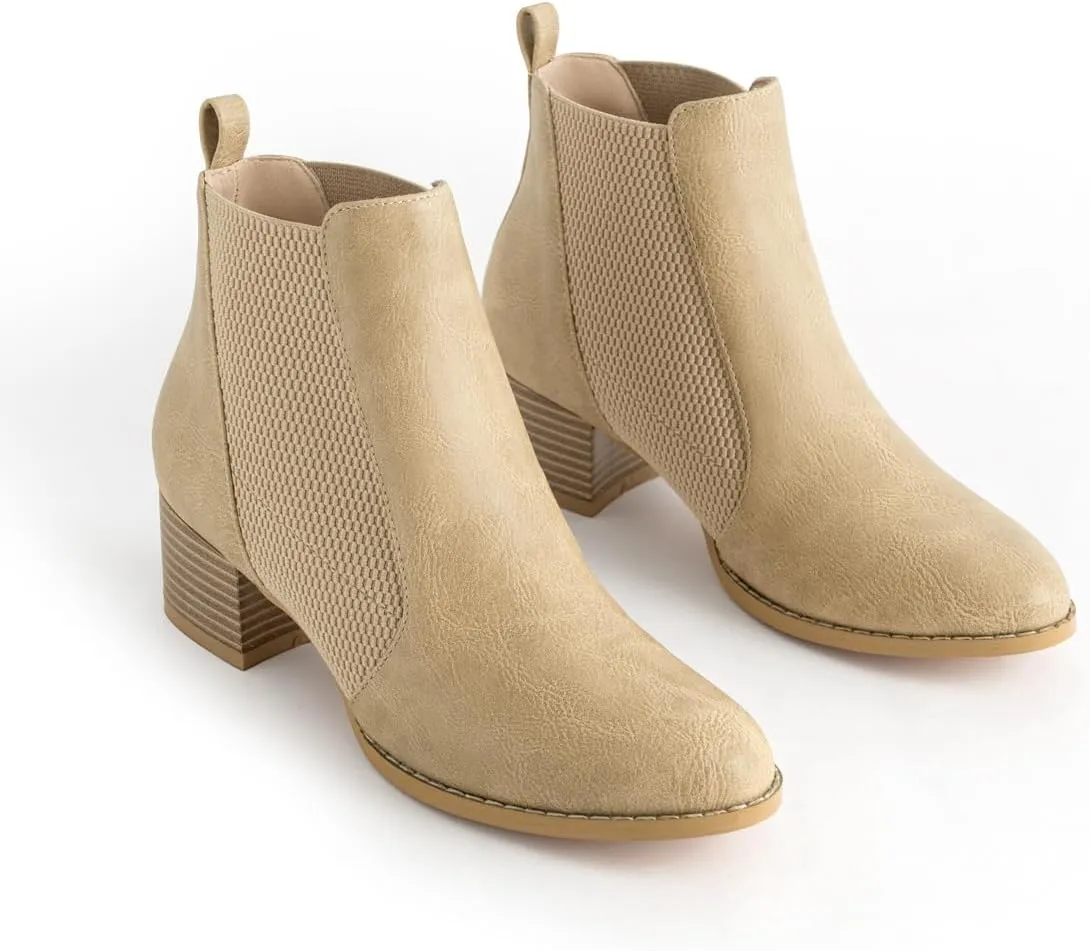 Low Heel Ankle Boots for Women Chunky Block Heel Elastic Gore Chelsea Boots Slip On Comfortable Short Boots Round Toe Black Brown Heeled Booties for Fall Winter