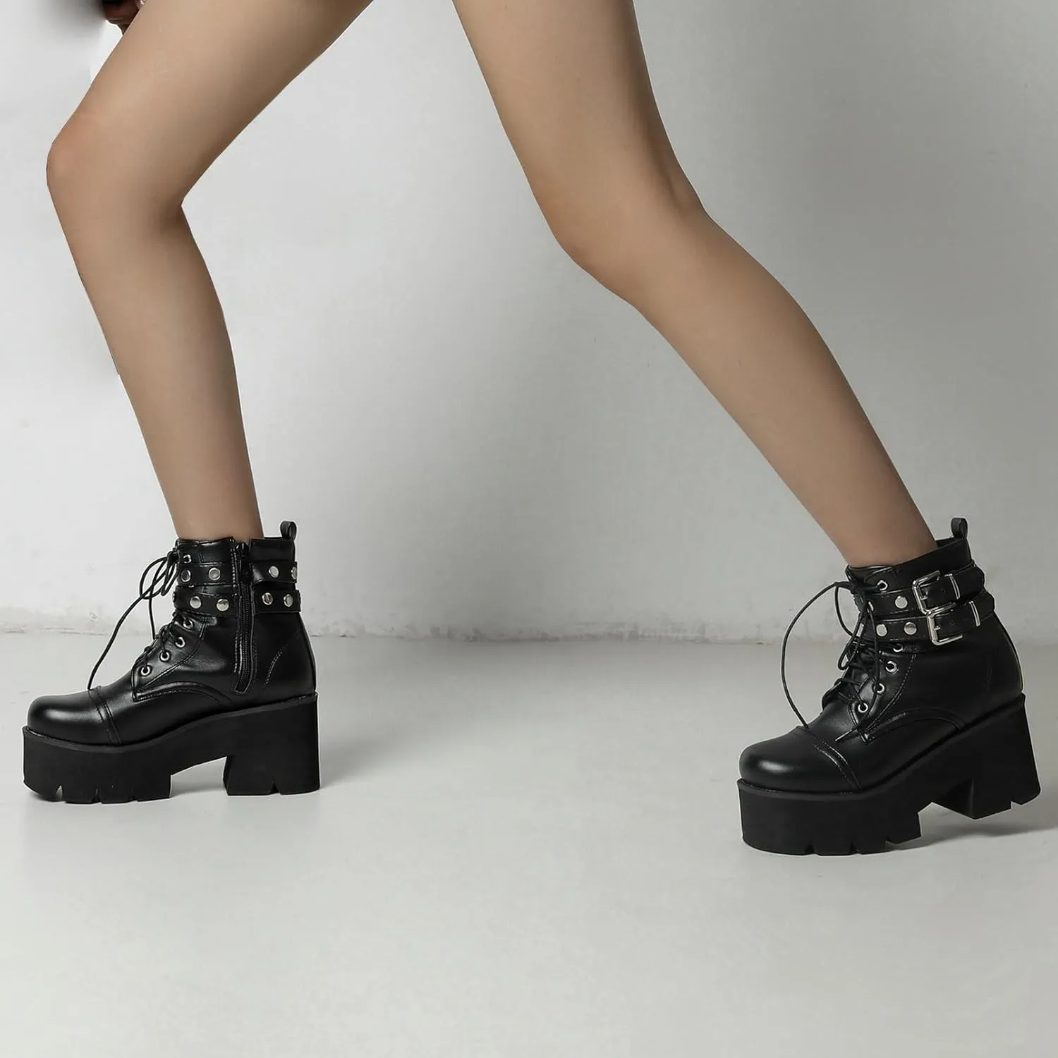 LUXMAX Women Buckle Goth Chunky Platform Ankle Boots Lace Up High Heel Motorcycle Boots with Chain