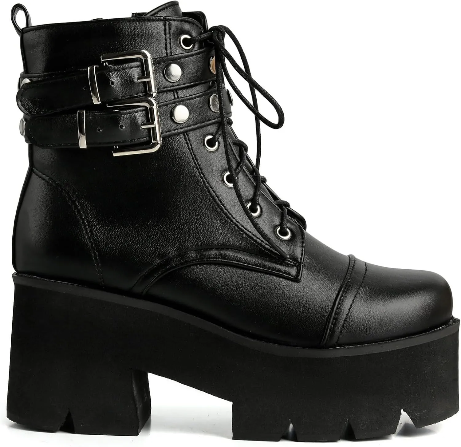 LUXMAX Women Buckle Goth Chunky Platform Ankle Boots Lace Up High Heel Motorcycle Boots with Chain