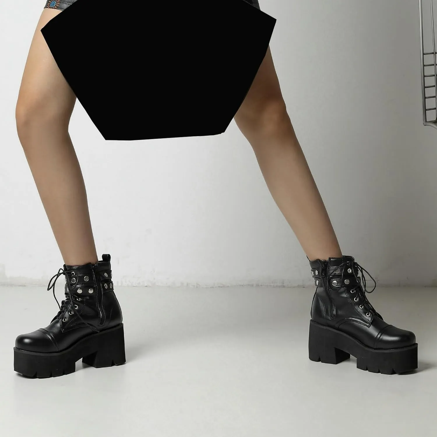 LUXMAX Women Buckle Goth Chunky Platform Ankle Boots Lace Up High Heel Motorcycle Boots with Chain