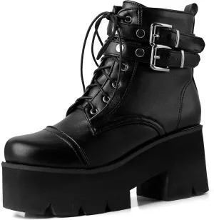 LUXMAX Women Buckle Goth Chunky Platform Ankle Boots Lace Up High Heel Motorcycle Boots with Chain