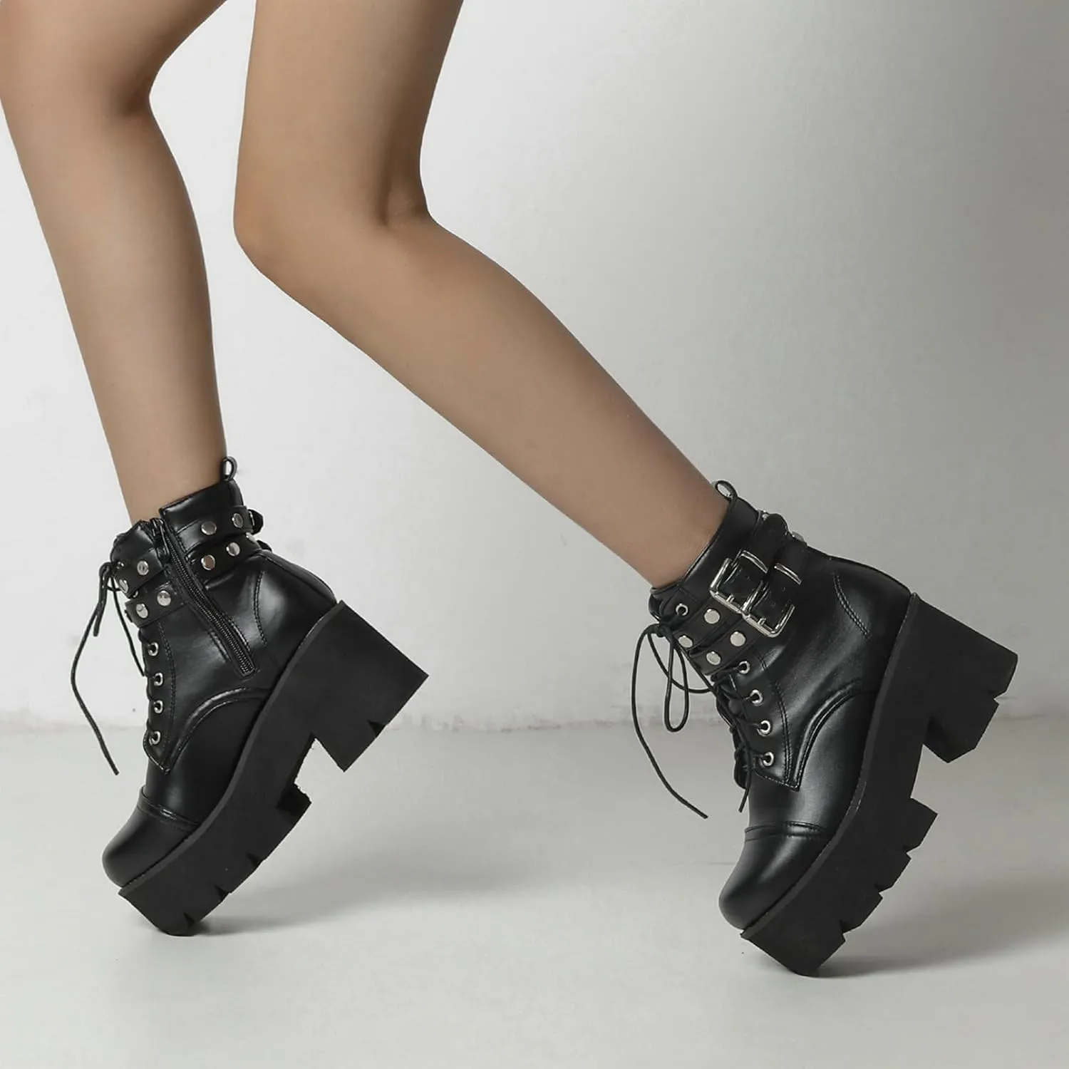 LUXMAX Women Buckle Goth Chunky Platform Ankle Boots Lace Up High Heel Motorcycle Boots with Chain