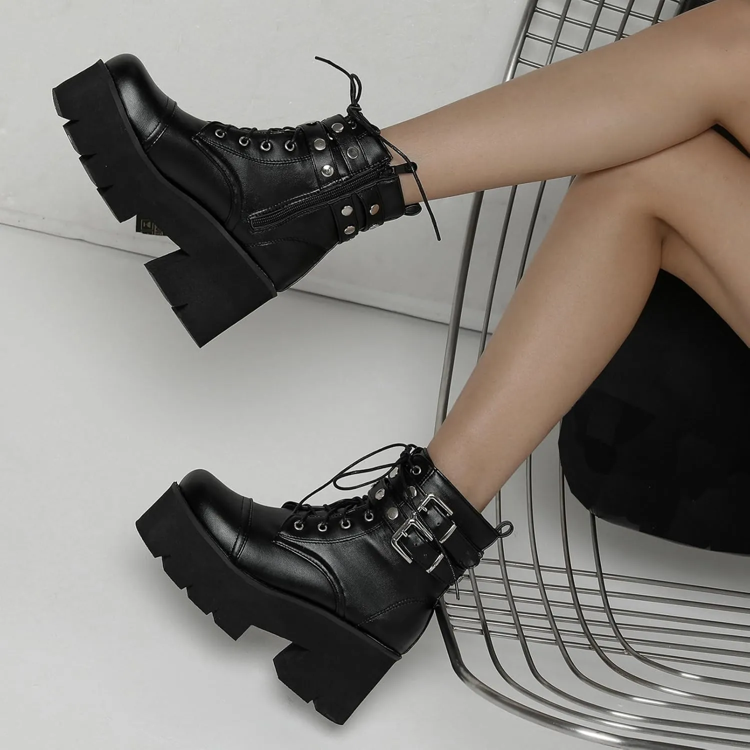 LUXMAX Women Buckle Goth Chunky Platform Ankle Boots Lace Up High Heel Motorcycle Boots with Chain