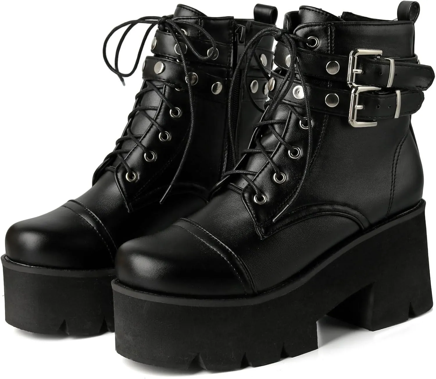 LUXMAX Women Buckle Goth Chunky Platform Ankle Boots Lace Up High Heel Motorcycle Boots with Chain