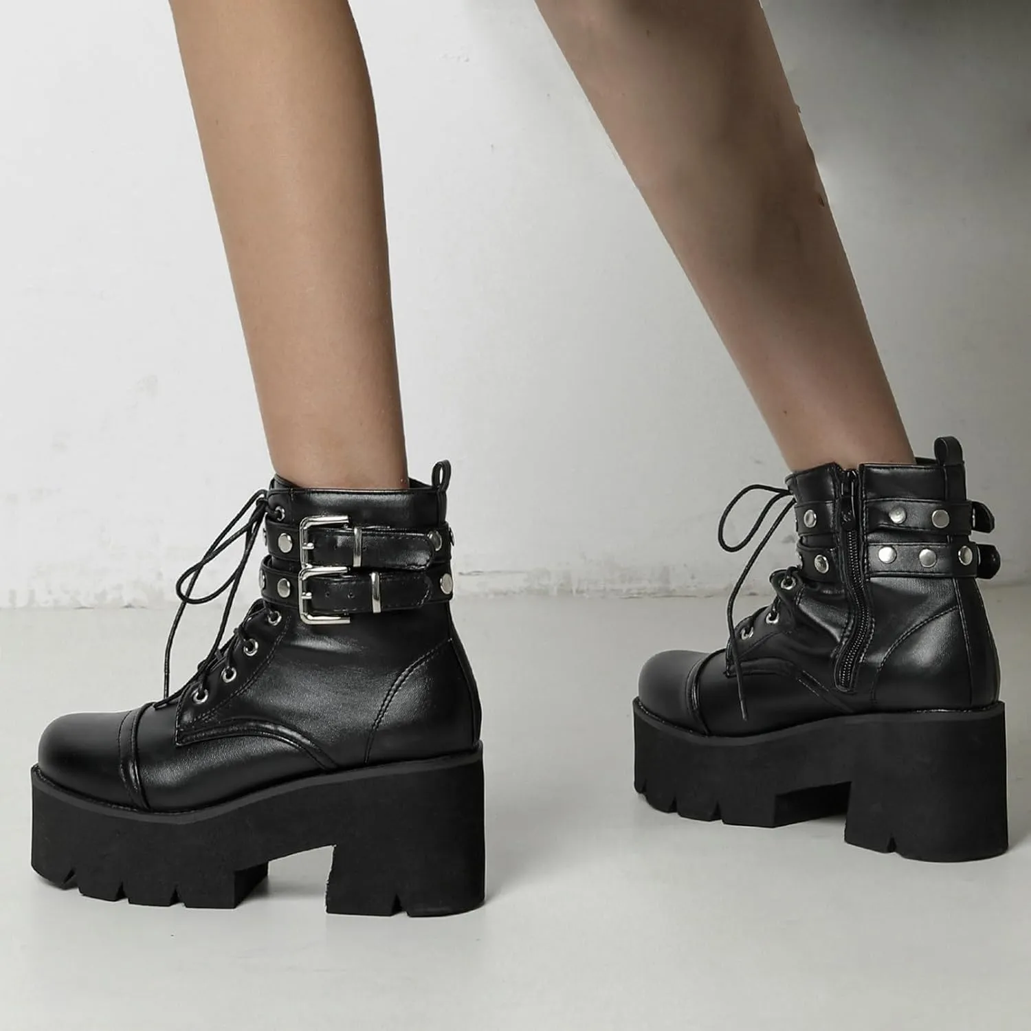 LUXMAX Women Buckle Goth Chunky Platform Ankle Boots Lace Up High Heel Motorcycle Boots with Chain