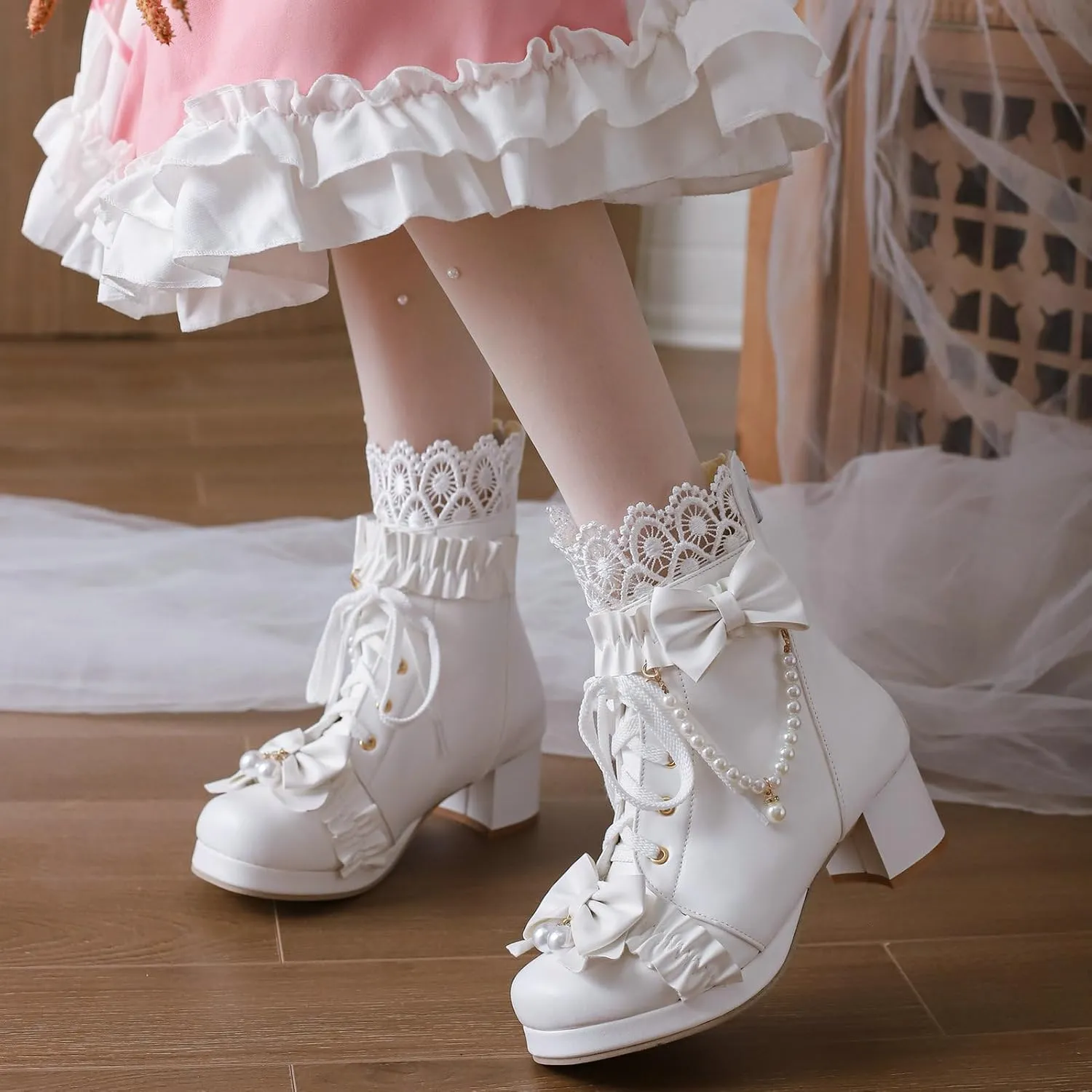 LUXMAX Women Cute Lolita Boots Chunky Mid Heel Ankle Boots with Bow Platform Lace Up Booties with Pearl