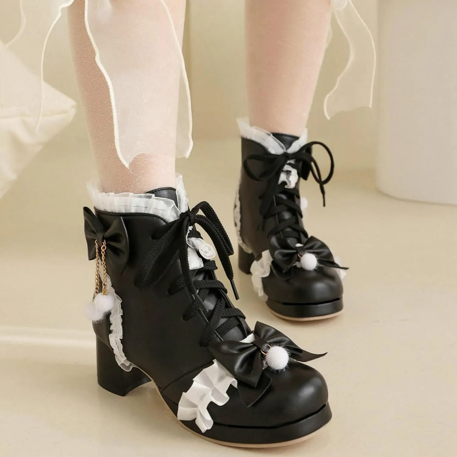LUXMAX Women Cute Lolita Boots Chunky Mid Heel Ankle Boots with Bow Platform Lace Up Booties with Pearl