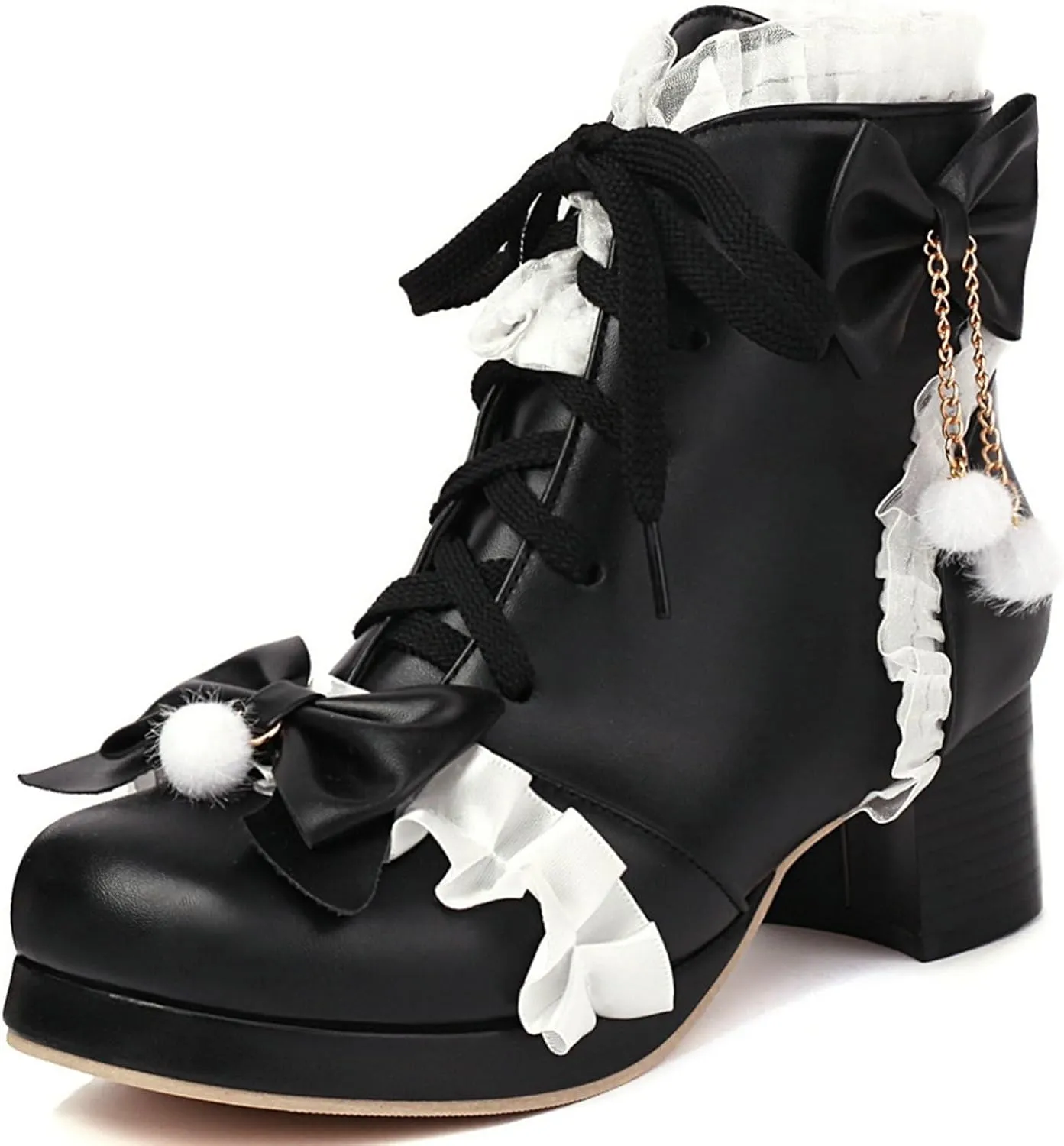 LUXMAX Women Cute Lolita Boots Chunky Mid Heel Ankle Boots with Bow Platform Lace Up Booties with Pearl