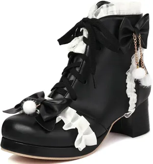 LUXMAX Women Cute Lolita Boots Chunky Mid Heel Ankle Boots with Bow Platform Lace Up Booties with Pearl