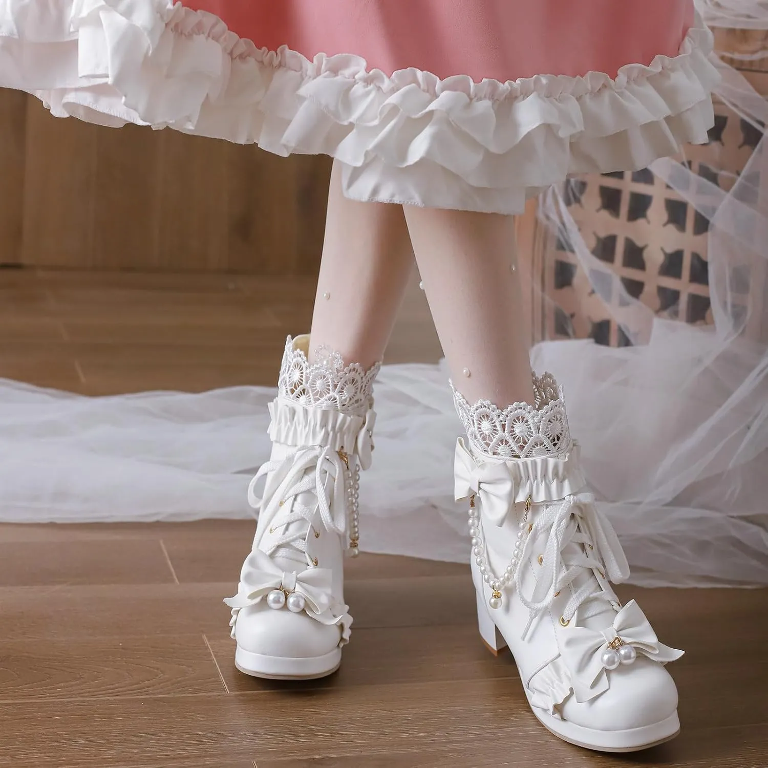 LUXMAX Women Cute Lolita Boots Chunky Mid Heel Ankle Boots with Bow Platform Lace Up Booties with Pearl