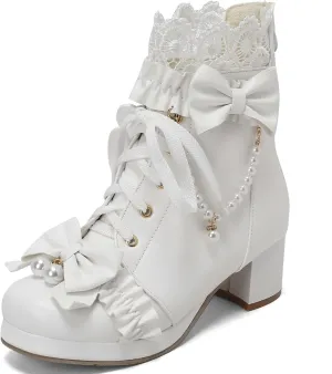 LUXMAX Women Cute Lolita Boots Chunky Mid Heel Ankle Boots with Bow Platform Lace Up Booties with Pearl