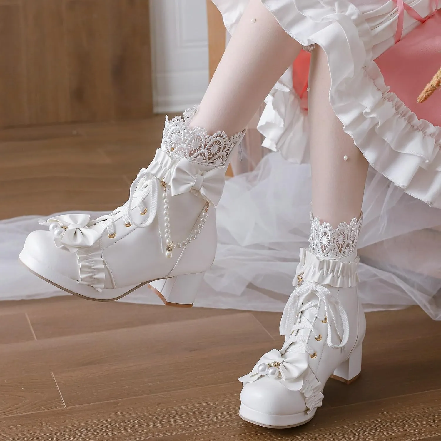 LUXMAX Women Cute Lolita Boots Chunky Mid Heel Ankle Boots with Bow Platform Lace Up Booties with Pearl