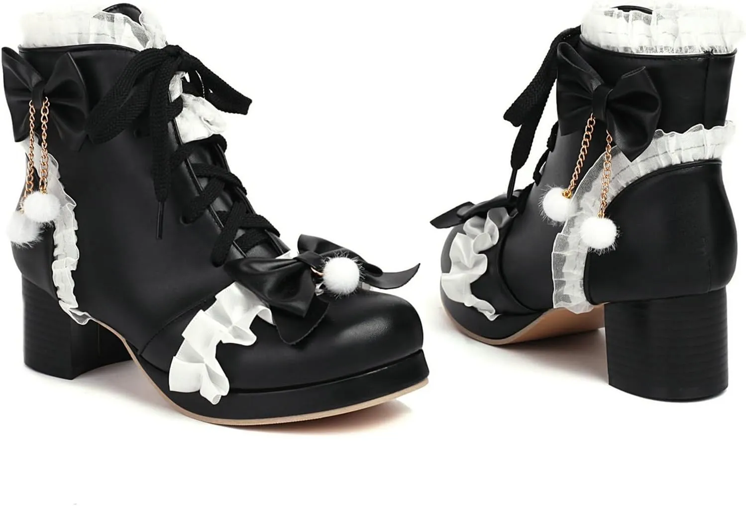 LUXMAX Women Cute Lolita Boots Chunky Mid Heel Ankle Boots with Bow Platform Lace Up Booties with Pearl
