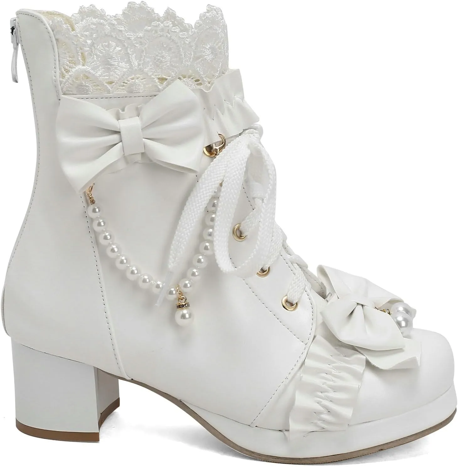 LUXMAX Women Cute Lolita Boots Chunky Mid Heel Ankle Boots with Bow Platform Lace Up Booties with Pearl