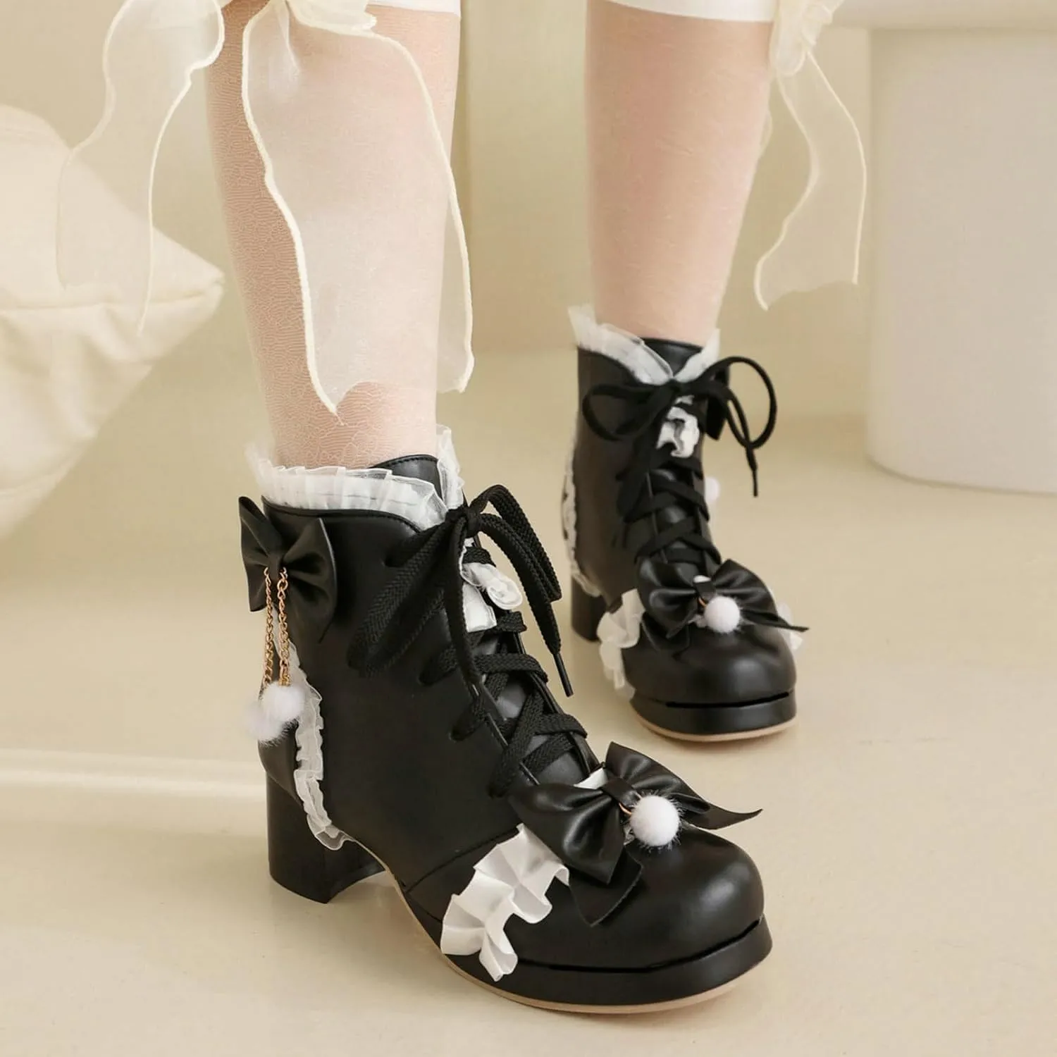 LUXMAX Women Cute Lolita Boots Chunky Mid Heel Ankle Boots with Bow Platform Lace Up Booties with Pearl