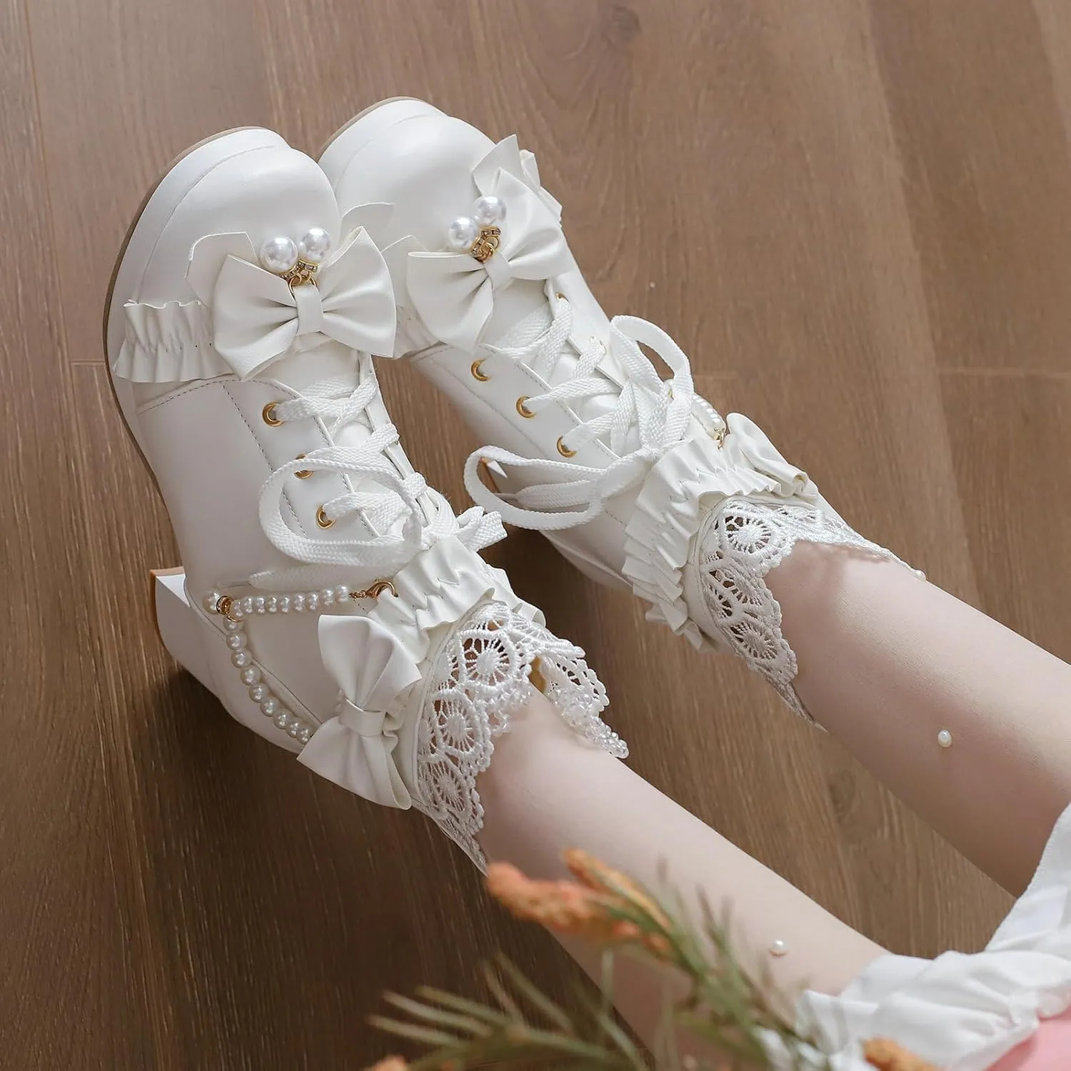 LUXMAX Women Cute Lolita Boots Chunky Mid Heel Ankle Boots with Bow Platform Lace Up Booties with Pearl