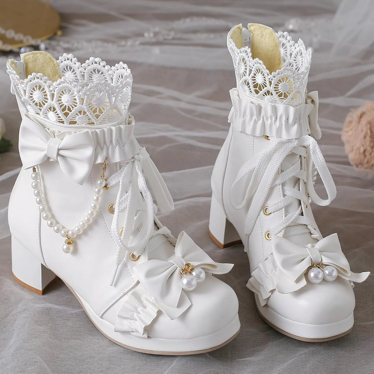LUXMAX Women Cute Lolita Boots Chunky Mid Heel Ankle Boots with Bow Platform Lace Up Booties with Pearl