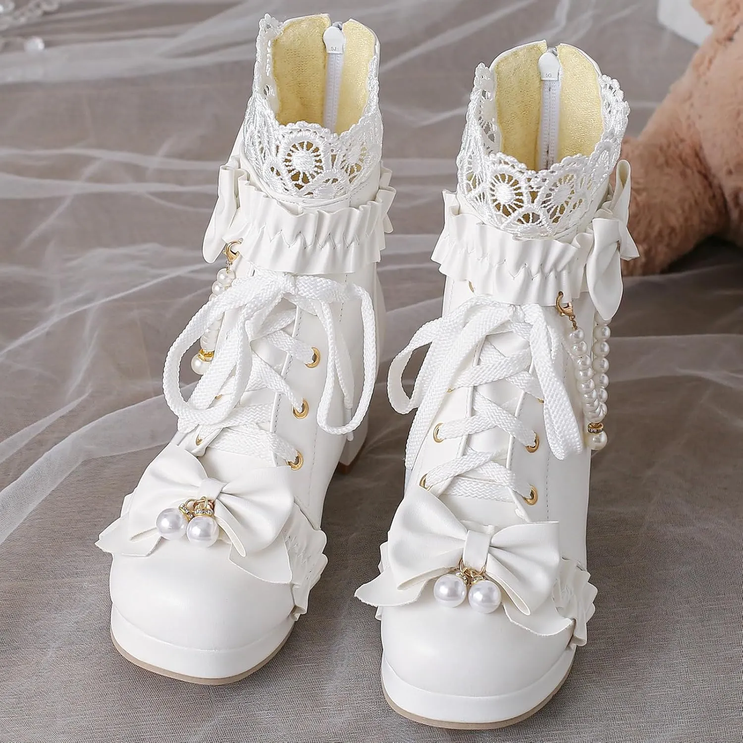 LUXMAX Women Cute Lolita Boots Chunky Mid Heel Ankle Boots with Bow Platform Lace Up Booties with Pearl