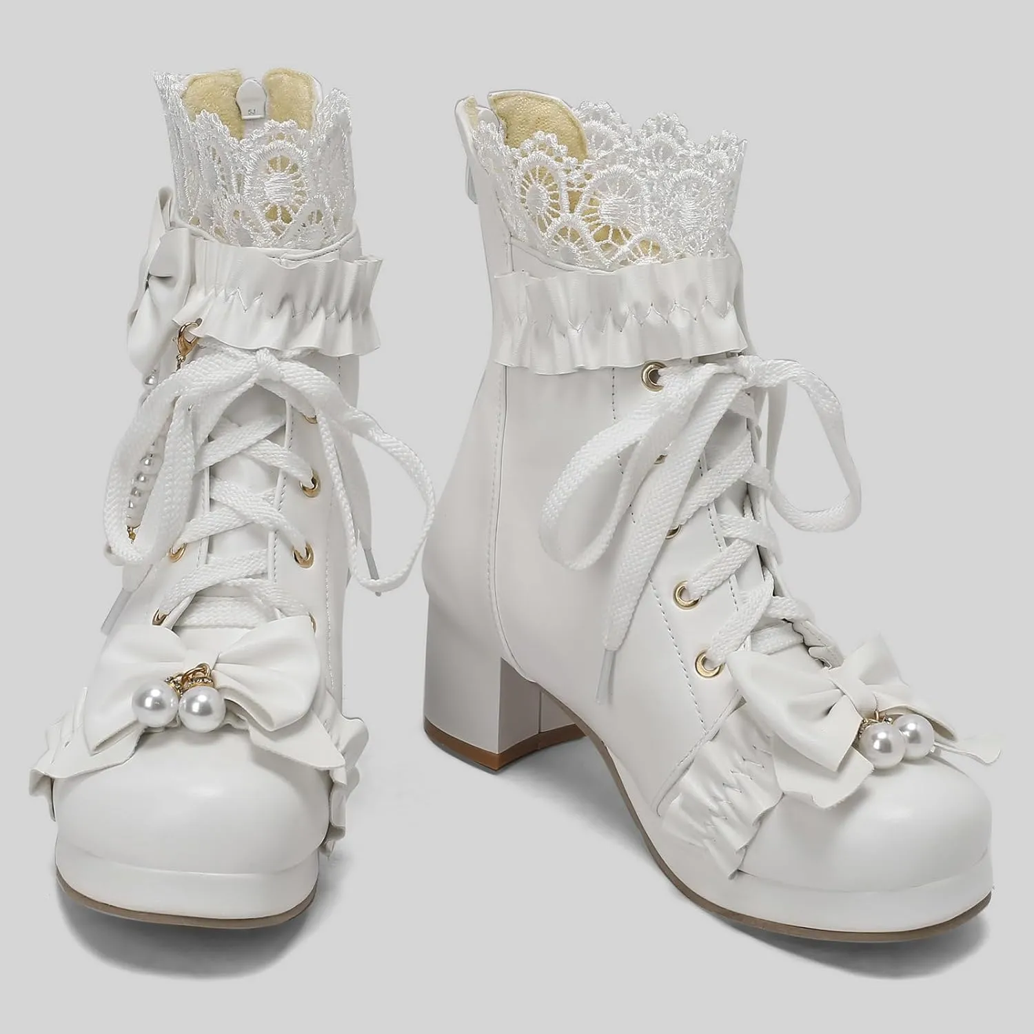 LUXMAX Women Cute Lolita Boots Chunky Mid Heel Ankle Boots with Bow Platform Lace Up Booties with Pearl