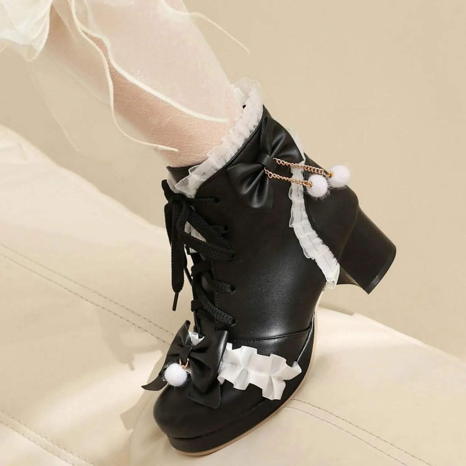 LUXMAX Women Cute Lolita Boots Chunky Mid Heel Ankle Boots with Bow Platform Lace Up Booties with Pearl