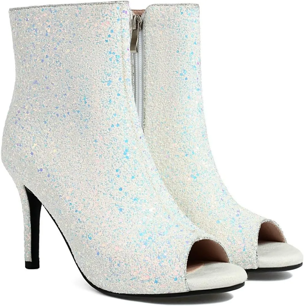 LUXMAX Women Peep Toe Stiletto Booties Glitter High Heel Boots Side Zip Sparkly Ankle Boots