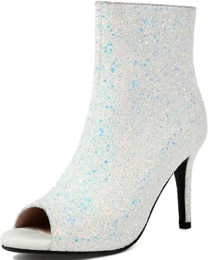 LUXMAX Women Peep Toe Stiletto Booties Glitter High Heel Boots Side Zip Sparkly Ankle Boots