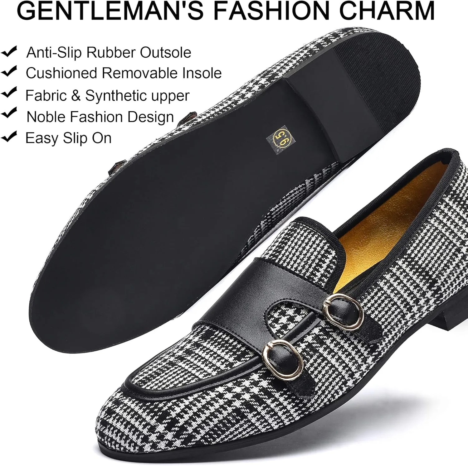 Mens Casual Classic Plaid Loafer with Gold Buckle Penny Slip-On Wedding Party Prom Shoes