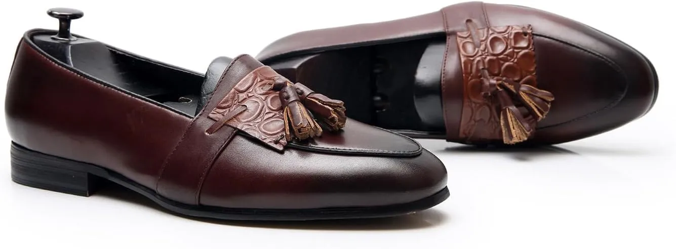 Men's Genuine Leather Tassel Loafers - Slip-On Dress Shoes for Casual, Business, Wedding & Prom - Modern Penny Loafers for Suits & Tuxedos