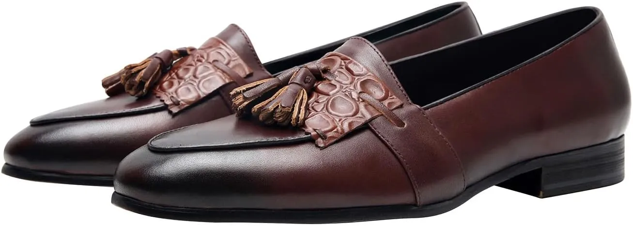 Men's Genuine Leather Tassel Loafers - Slip-On Dress Shoes for Casual, Business, Wedding & Prom - Modern Penny Loafers for Suits & Tuxedos