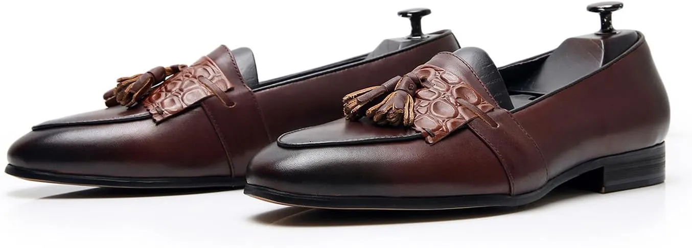 Men's Genuine Leather Tassel Loafers - Slip-On Dress Shoes for Casual, Business, Wedding & Prom - Modern Penny Loafers for Suits & Tuxedos