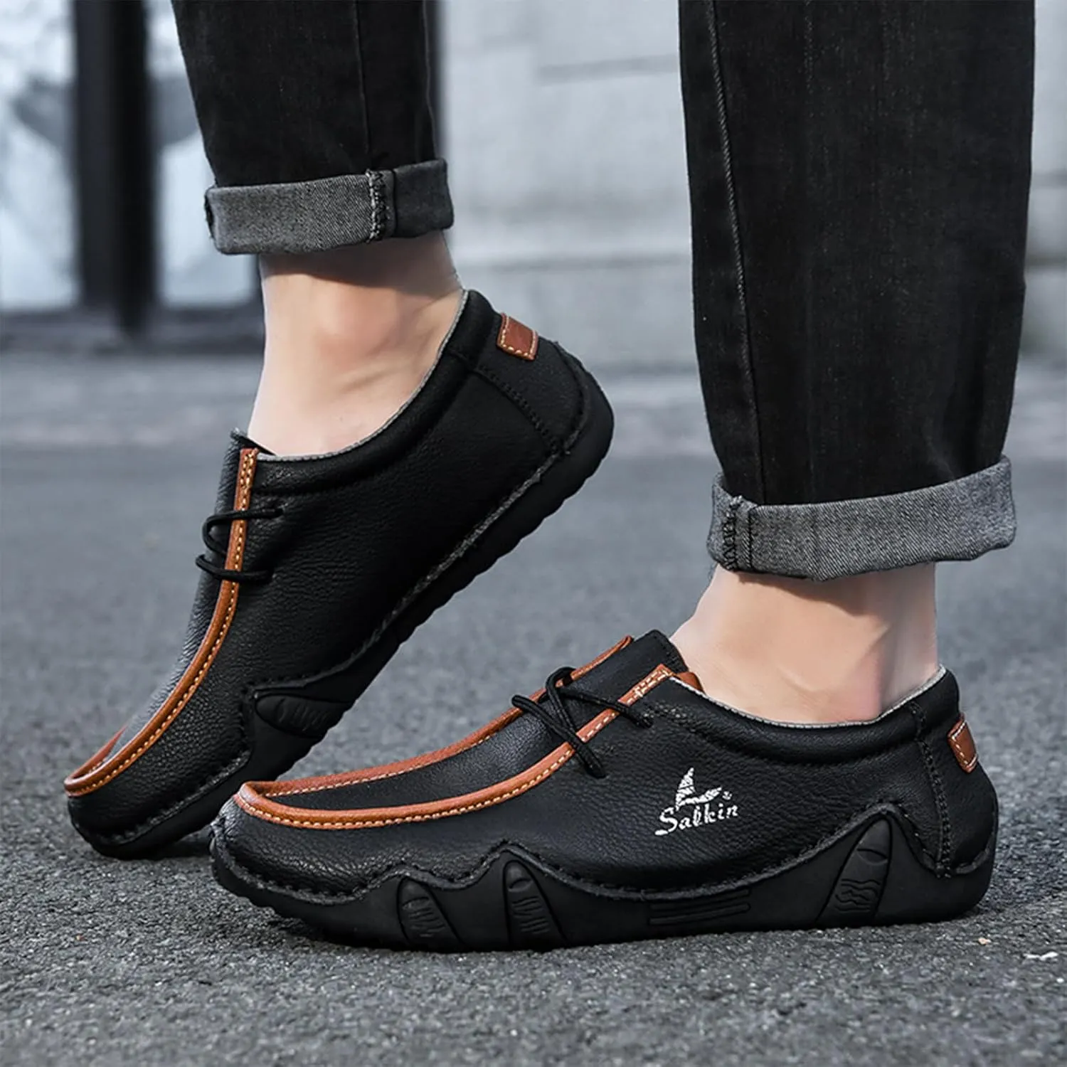 Men's Leather Orthopedic Loafers Comfort Arch Support Non Slip Lace up Casual Shoes Lightweight Work Driving Traveling Walking Shoes