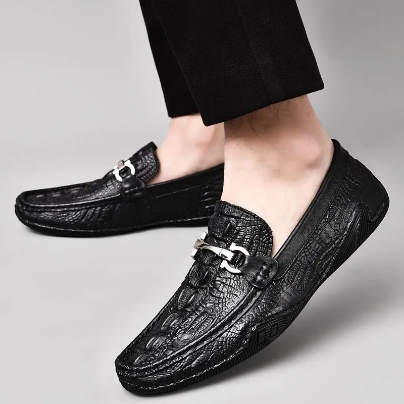 Men's Loafers Moccasins Faux Crocodile Print Leather Round Toe Lightweight Slip-On Shoes with Flat Heel for Comfortable Walking