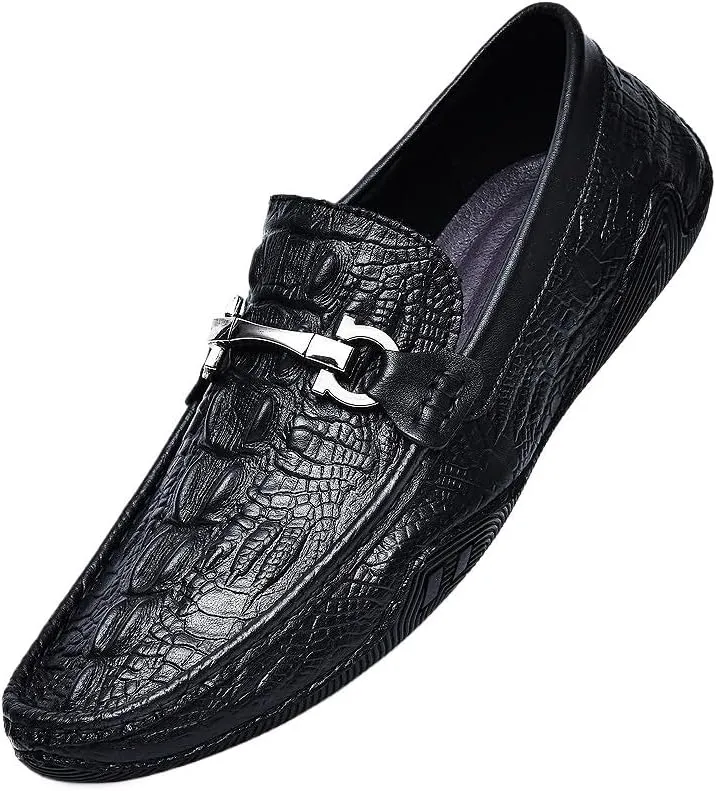 Men's Loafers Moccasins Faux Crocodile Print Leather Round Toe Lightweight Slip-On Shoes with Flat Heel for Comfortable Walking