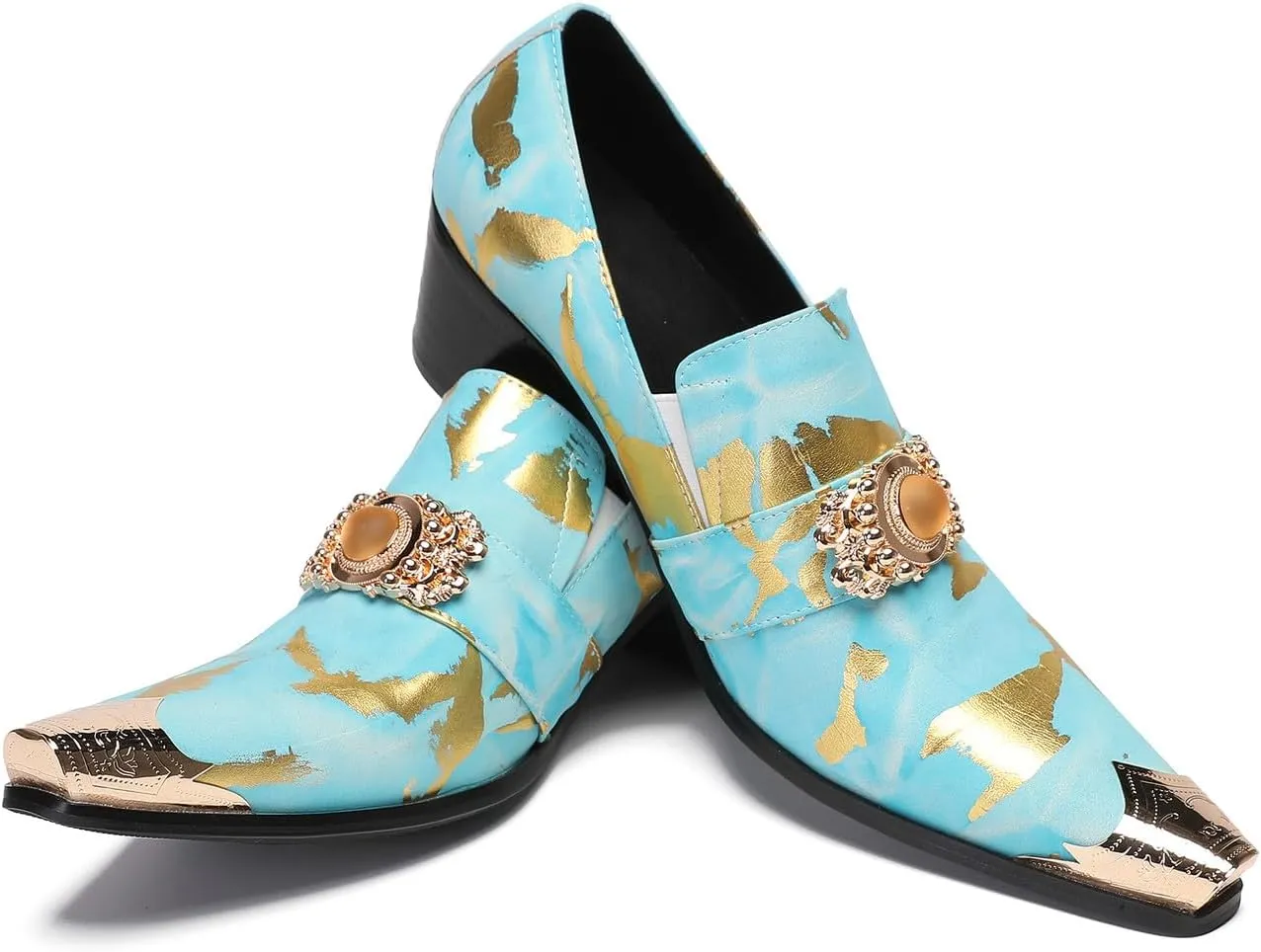 Mens Loafers Party Dress Casual Metal-Tip Dragon Toe Slip On Leather Gold Beaded Penny Loafers Western Fashion Prom Heel Shoes Summer Shoes for Men Boys