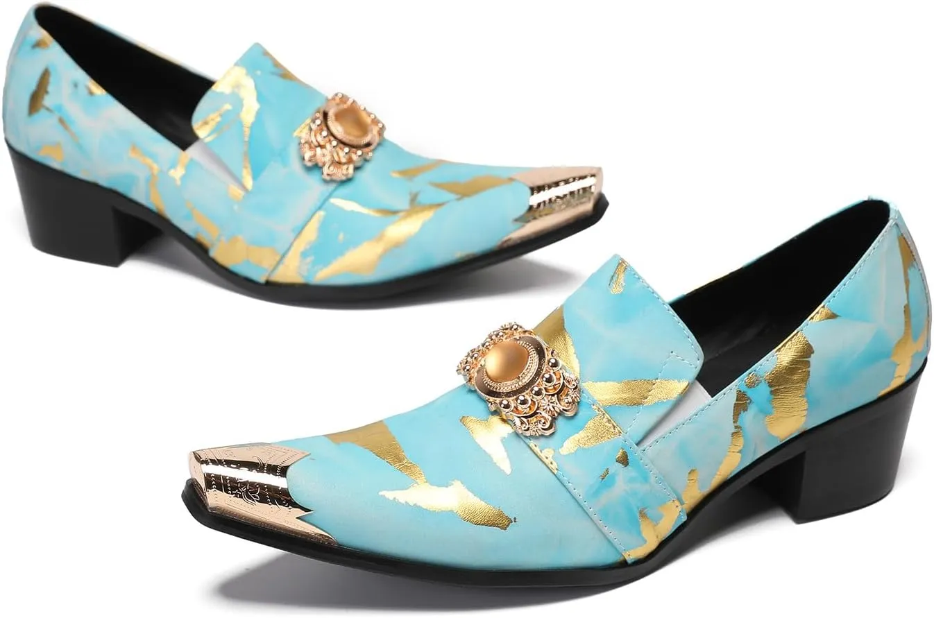 Mens Loafers Party Dress Casual Metal-Tip Dragon Toe Slip On Leather Gold Beaded Penny Loafers Western Fashion Prom Heel Shoes Summer Shoes for Men Boys