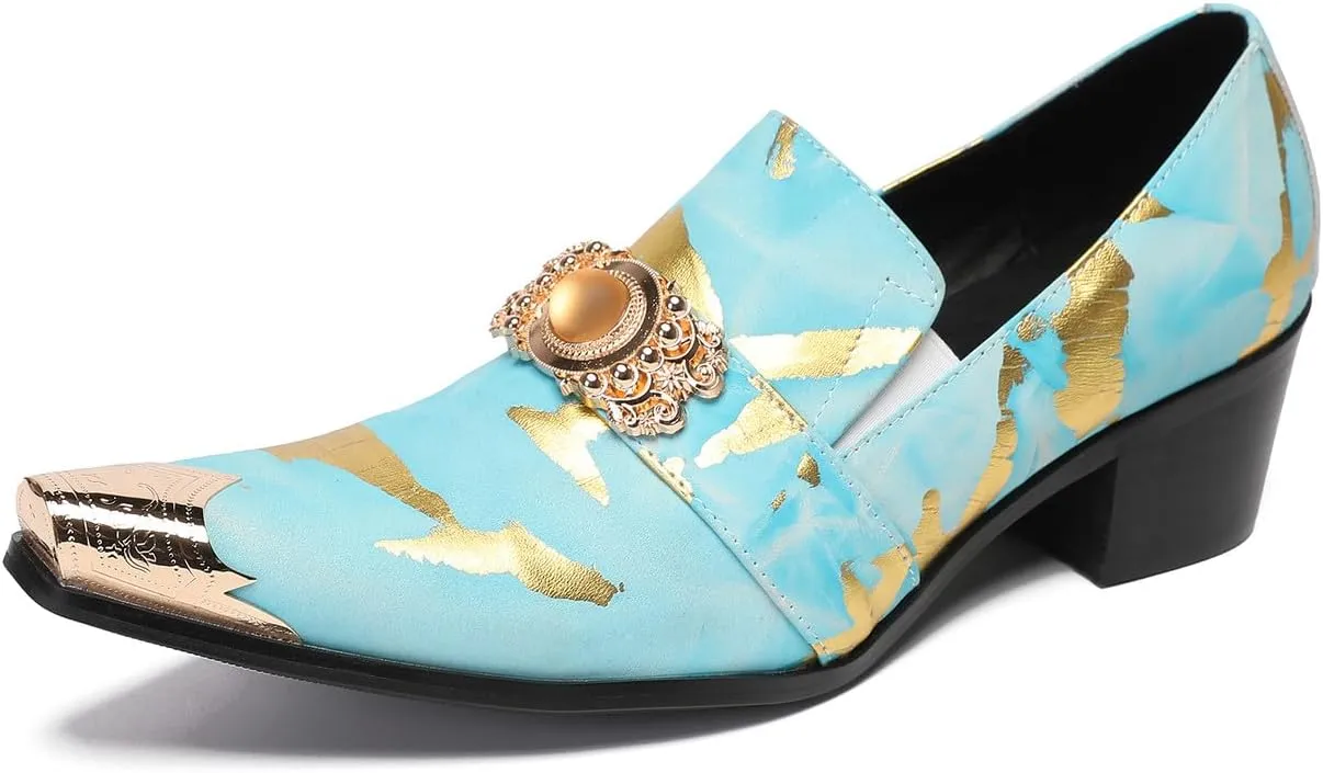Mens Loafers Party Dress Casual Metal-Tip Dragon Toe Slip On Leather Gold Beaded Penny Loafers Western Fashion Prom Heel Shoes Summer Shoes for Men Boys