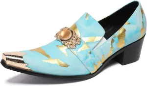 Mens Loafers Party Dress Casual Metal-Tip Dragon Toe Slip On Leather Gold Beaded Penny Loafers Western Fashion Prom Heel Shoes Summer Shoes for Men Boys