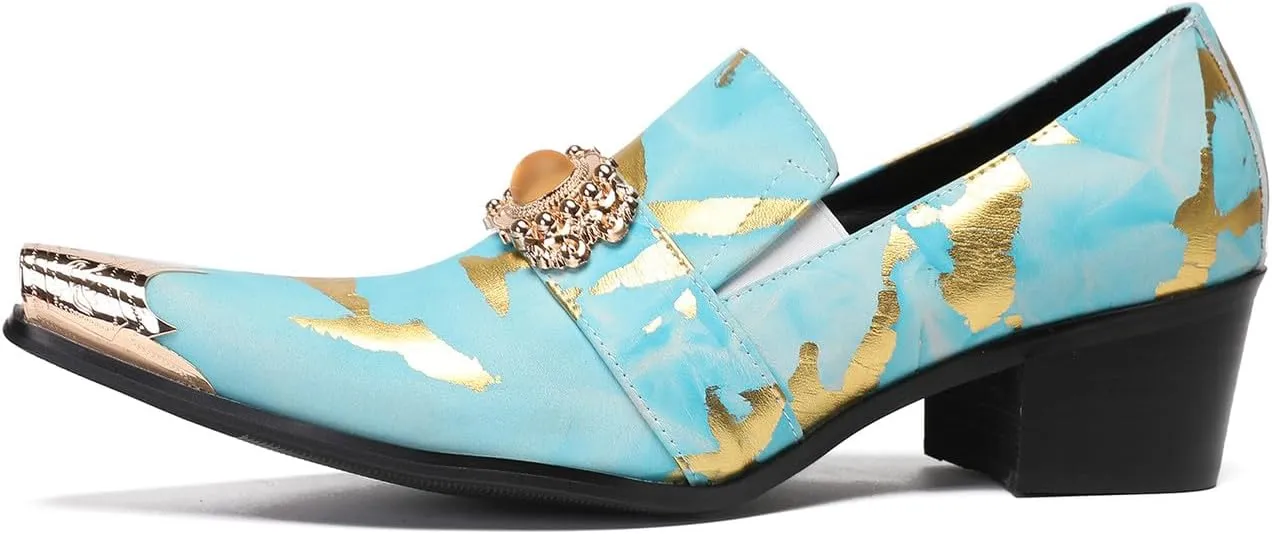 Mens Loafers Party Dress Casual Metal-Tip Dragon Toe Slip On Leather Gold Beaded Penny Loafers Western Fashion Prom Heel Shoes Summer Shoes for Men Boys