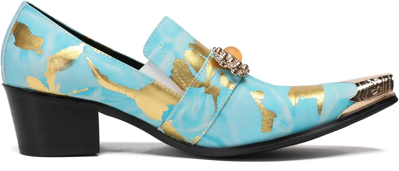 Mens Loafers Party Dress Casual Metal-Tip Dragon Toe Slip On Leather Gold Beaded Penny Loafers Western Fashion Prom Heel Shoes Summer Shoes for Men Boys
