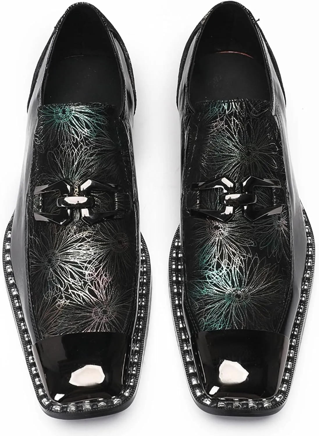 Mens Loafers Slip On Casual Dress Party Smoking Sequin Penny Loafers Metal Square Toe Genuine Leather Moccasins Men's Western Fashion Singer Ballroom Prom Wedding Sisco Tuxedo Shoes