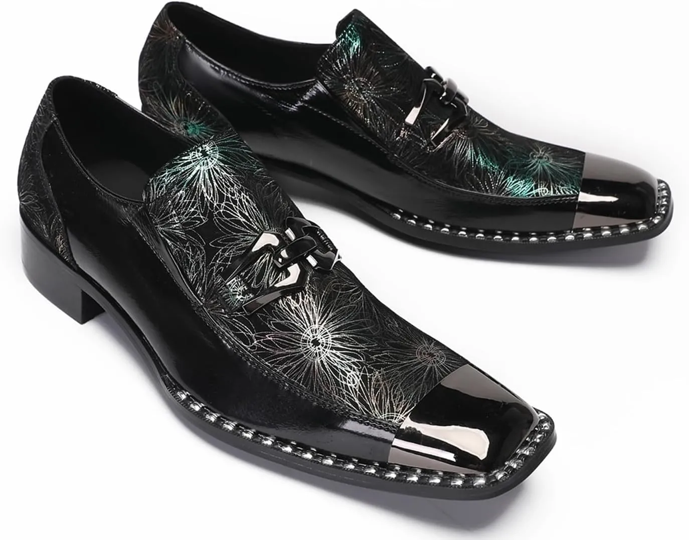 Mens Loafers Slip On Casual Dress Party Smoking Sequin Penny Loafers Metal Square Toe Genuine Leather Moccasins Men's Western Fashion Singer Ballroom Prom Wedding Sisco Tuxedo Shoes