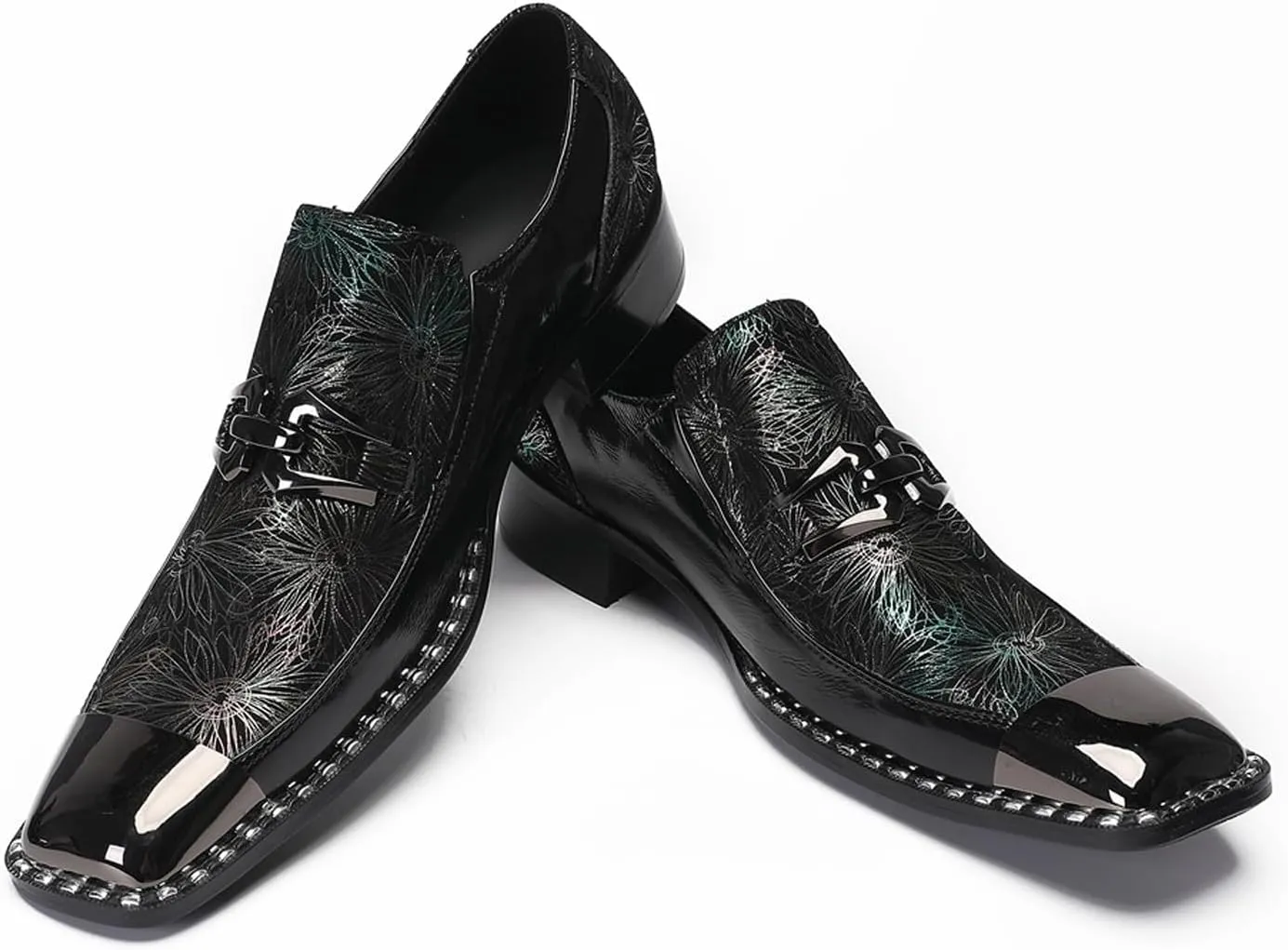 Mens Loafers Slip On Casual Dress Party Smoking Sequin Penny Loafers Metal Square Toe Genuine Leather Moccasins Men's Western Fashion Singer Ballroom Prom Wedding Sisco Tuxedo Shoes