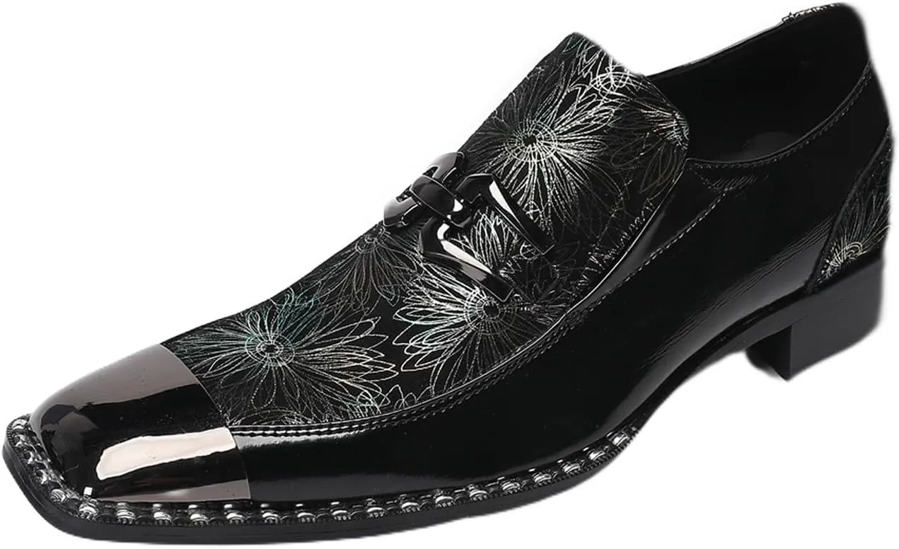 Mens Loafers Slip On Casual Dress Party Smoking Sequin Penny Loafers Metal Square Toe Genuine Leather Moccasins Men's Western Fashion Singer Ballroom Prom Wedding Sisco Tuxedo Shoes