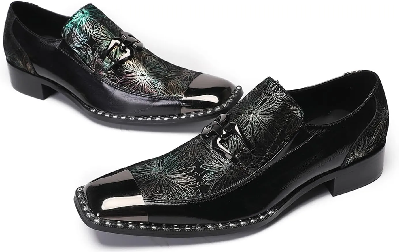 Mens Loafers Slip On Casual Dress Party Smoking Sequin Penny Loafers Metal Square Toe Genuine Leather Moccasins Men's Western Fashion Singer Ballroom Prom Wedding Sisco Tuxedo Shoes