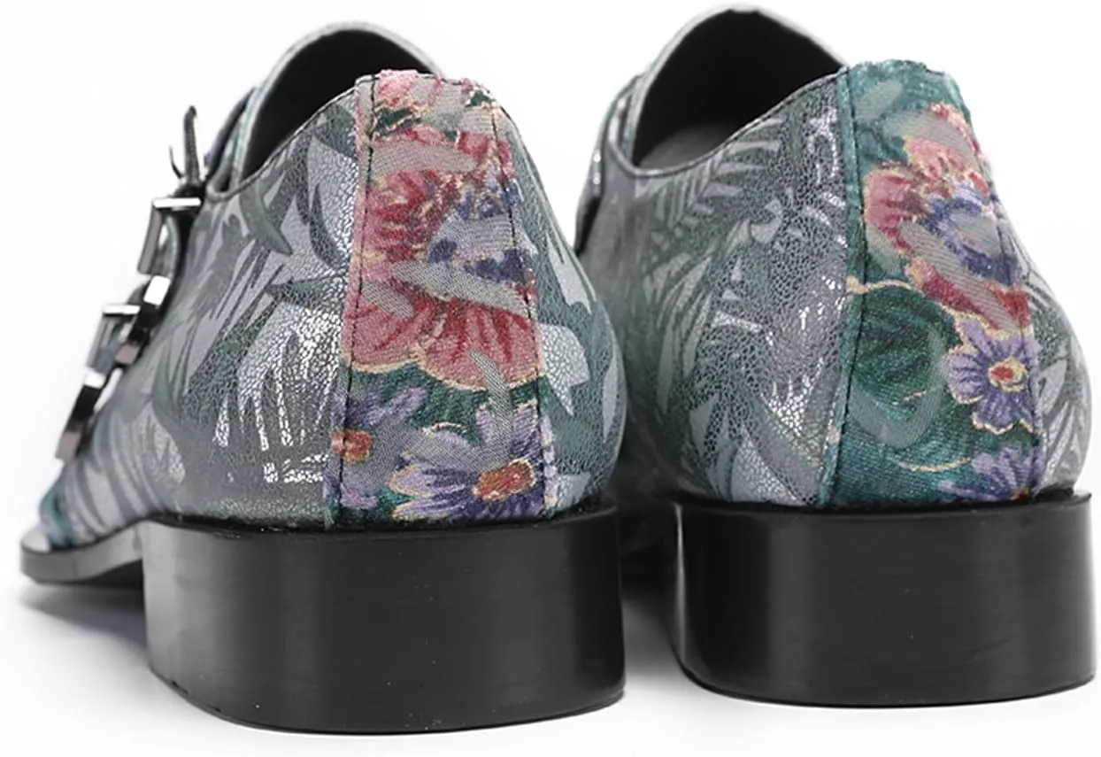 Men's Metal Tip Toe Loafers-Stylish Mens Dress Slip-Ons for Wedding, Party, Prom-Leather Casual Shoes with Double Buckle and Floral